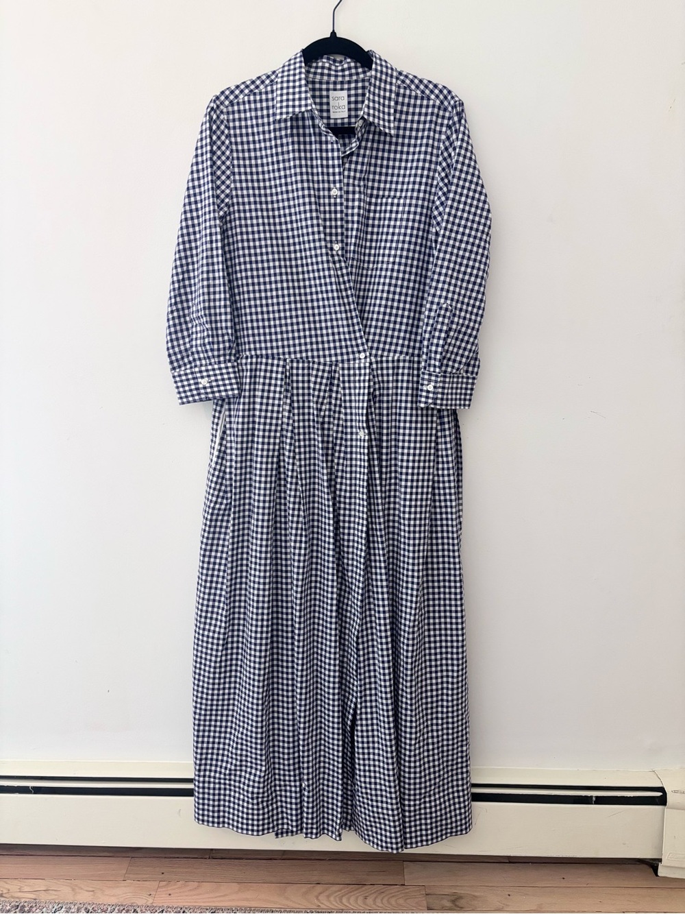 Sara Roka Elena Gingham Navy Blue Long Sleeve Maxi Shirt Dress US 10 Cotton 46EU